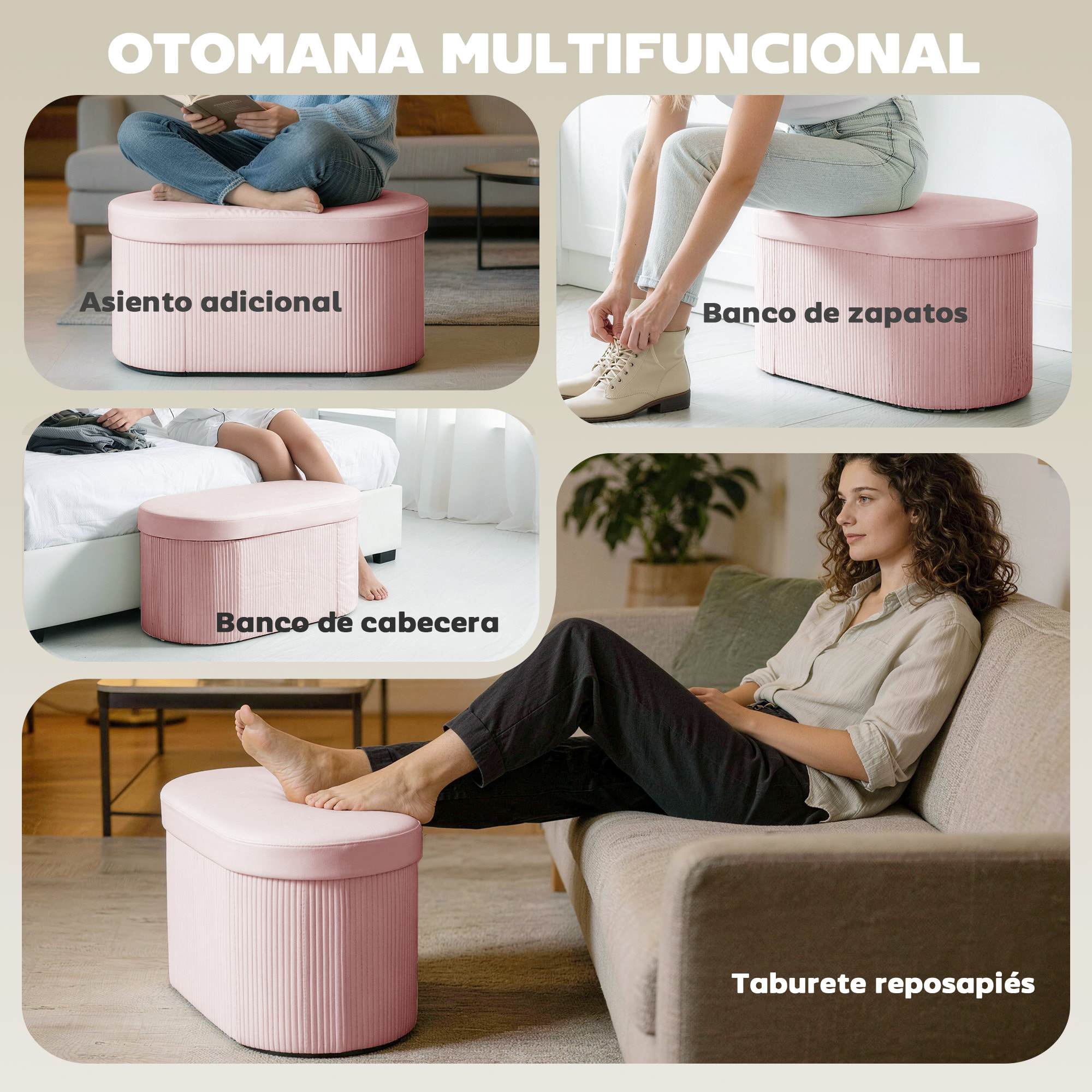 Puff Almacenaje, Banco Almacenaje Plegable, 72 L, 76x38x35 cm, Tapizado en Terciopelo, Baúl de Almacenamiento, Carga 120 kg, Taburete para Sala de Estar, Dormitorio, Entrada, Rosa