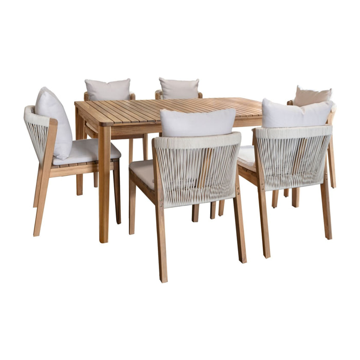Ensemble de jardin table et 6 chaises en bois avec coussin FIDJI