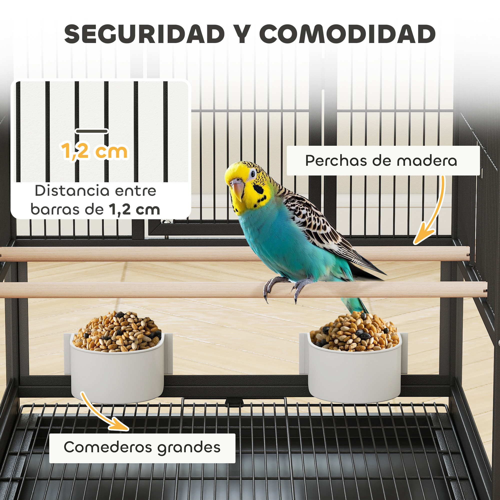 Jaula para Pájaros Jaula Grande con Ruedas Paneles Acrílicos Comederos Perchas Estante Bandejas Extraíbles Pajarera para Loros Canarios 48x46x83 cm Negro