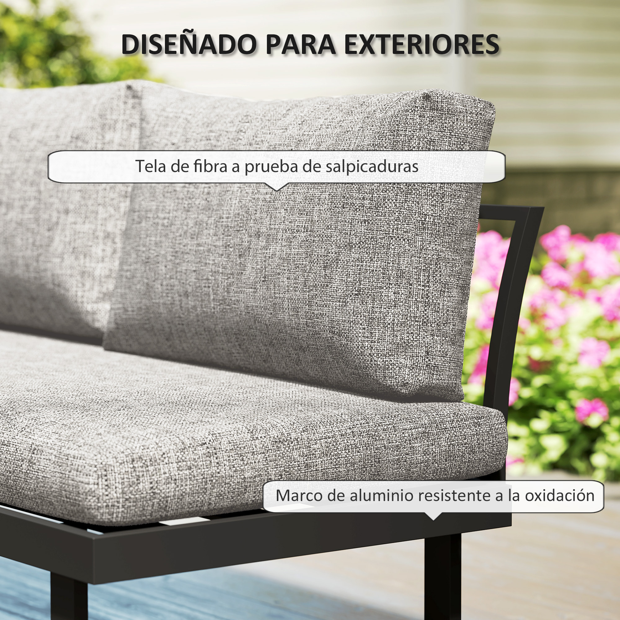 Conjunto de Jardín Exterior de 3 Piezas, Sofá Exterior Seccional Resistente con 2 Sofás de 2 Plazas y Mesa de Centro Versátil, Estructura de Aluminio y Cojines, Gris Claro