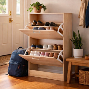 Scarpiera A 2 Ribalte Salvaspazio Con Doppia Profondità Mobile Portascarpe Per Ingresso Corridoio Contiene 12 Paia Di Scarpe 76 x 50 x 22 Cm Rovere