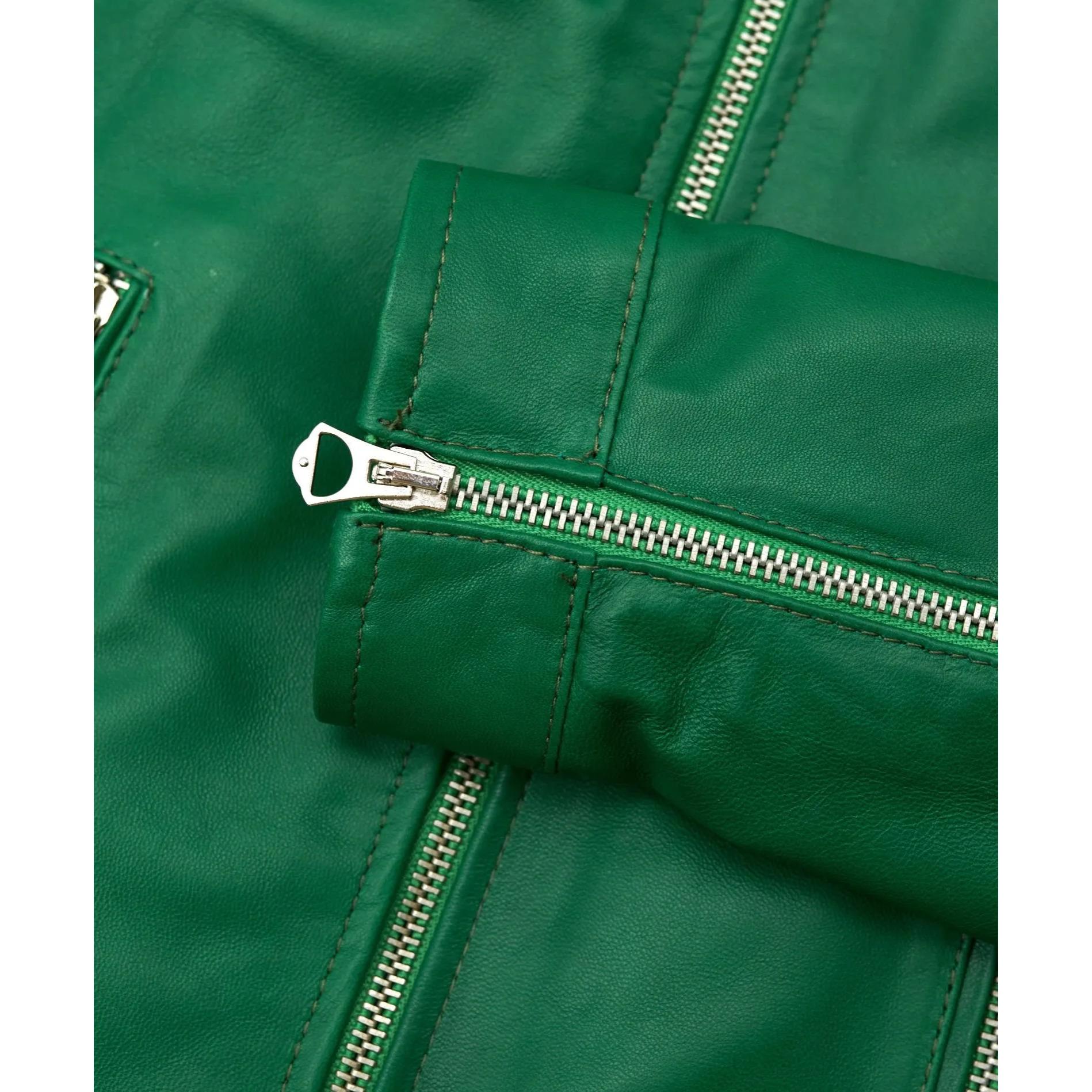 Giacca biker in pelle naturale verde effetto liscio