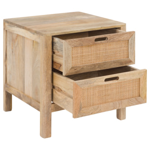 Table de chevet 2 tiroirs en bois de manguier et cannage - Félix