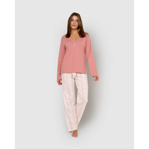 Pijama largo de algodón con escote pico raya martuca rosa