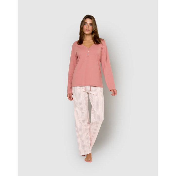 Pijama largo de algodón con escote pico raya martuca rosa