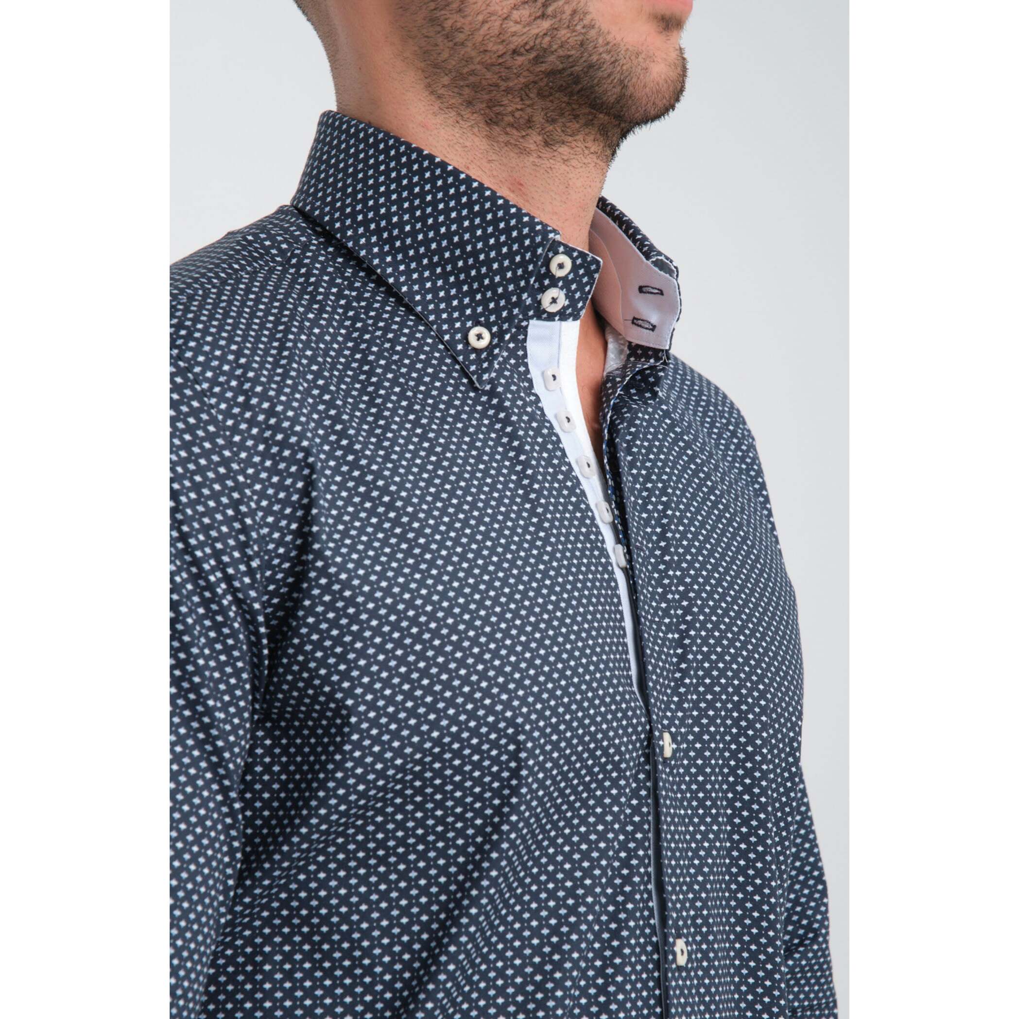 Camicia Uomo 2 Bottoni Button Down Slim Popeline Stretch Stampato Blu\Bianco
