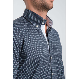 Camicia Uomo 2 Bottoni Button Down Slim Popeline Stretch Stampato Blu\Bianco