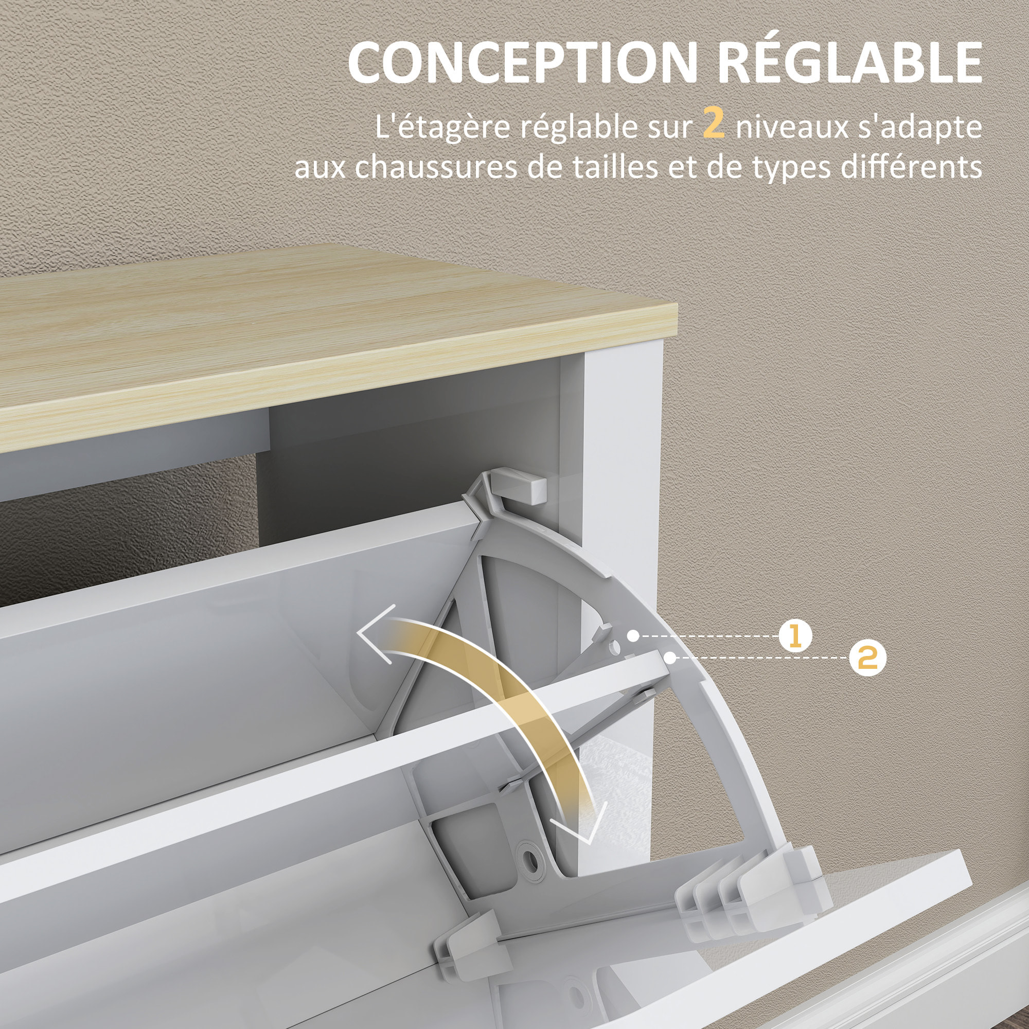 Armoire à chaussures 4 portes abattantes 2 compartiments panneaux particules blanc chêne