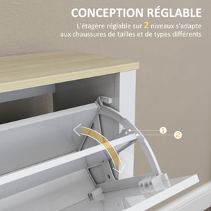 Armoire à chaussures 4 portes abattantes 2 compartiments panneaux particules blanc chêne