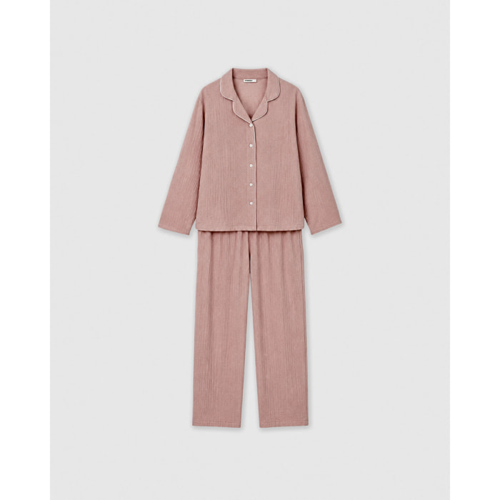 Pigiama lungo camicia in mussola rosa