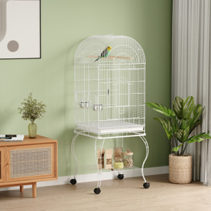 Jaula para Pájaros con Ruedas y Estante, 51x51x153 cm, Jaula Grande con Parte Superior Abatible, 2 Comederos, 2 Perchas, 4 Puertas y Bandeja Extraíble, para Loros y Canarios, Blanco