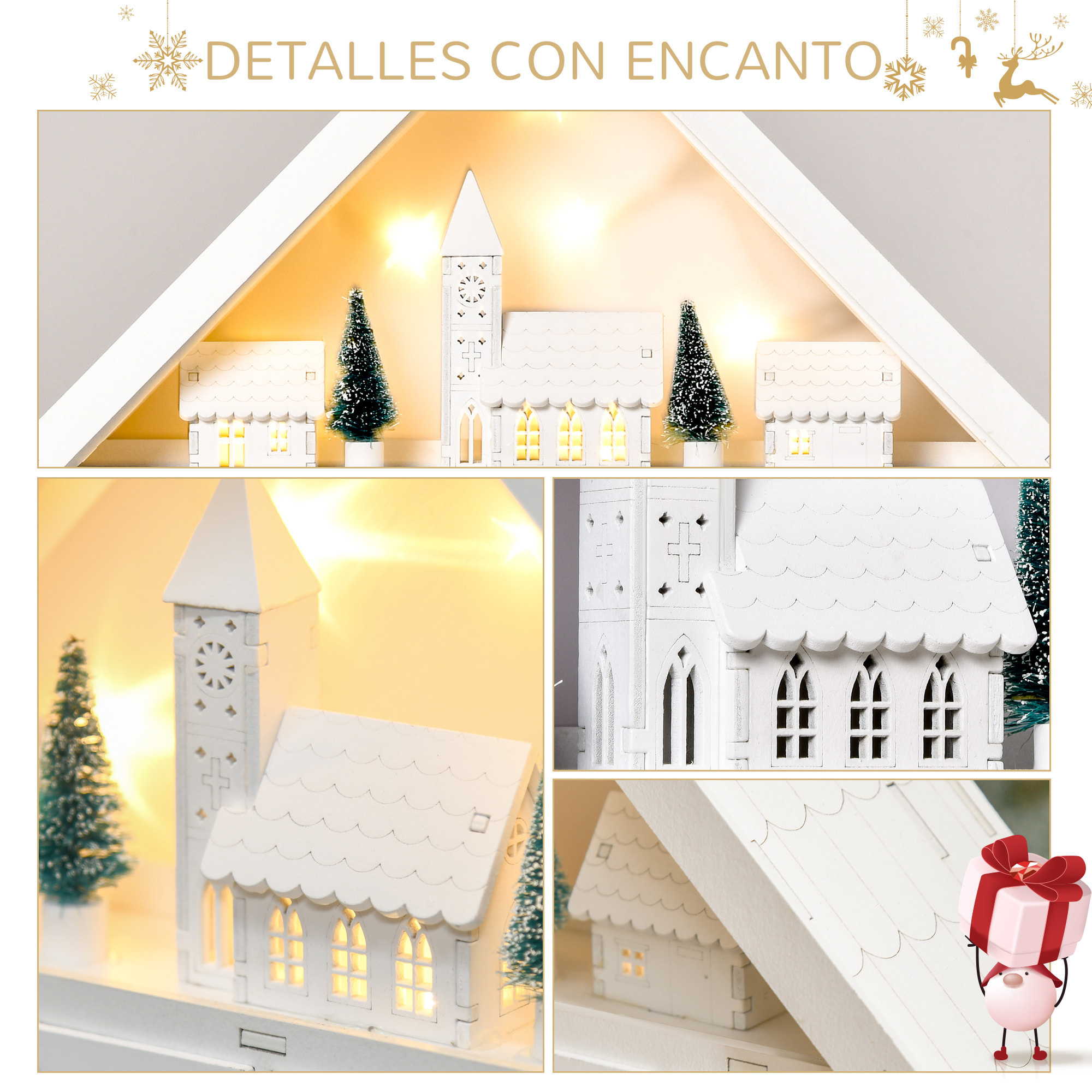 Calendario de Adviento de Navidad Madera con 24 Cajones y Luces LED Decoración Navideña Modelo Casita 39x9x42 cm Blanco