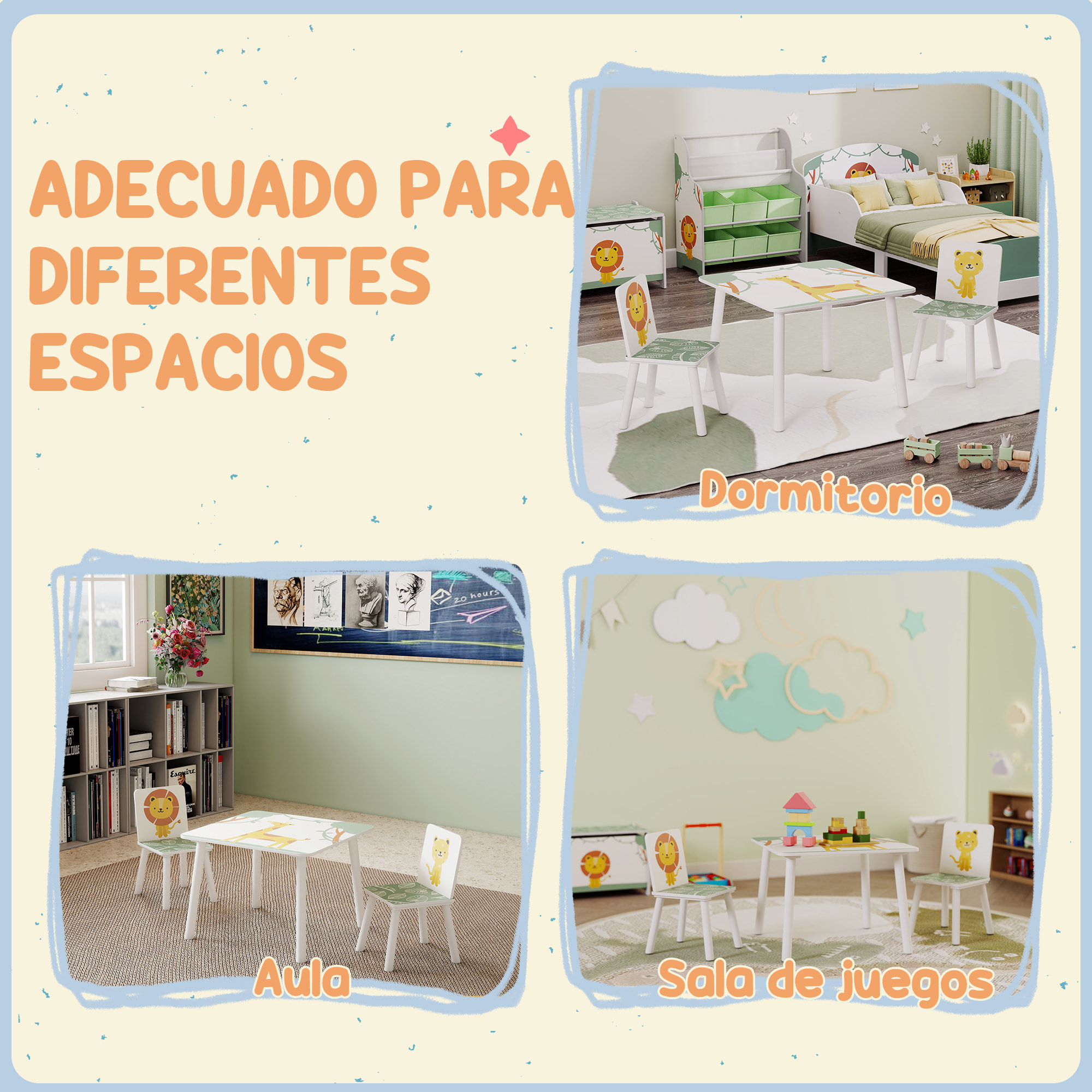 Mesa y Sillas Infantiles de 3 Piezas, Mesa Infantil con 2 Sillas de Madera de Pino, Juego de Muebles con Dibujos de Leones para niños de +3 Años, para Dormitorio, Sala de Juegos, Verde