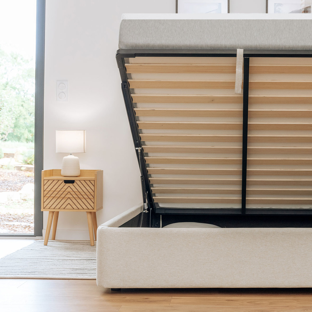 Lit Coffre tissu beige - Hypnia
