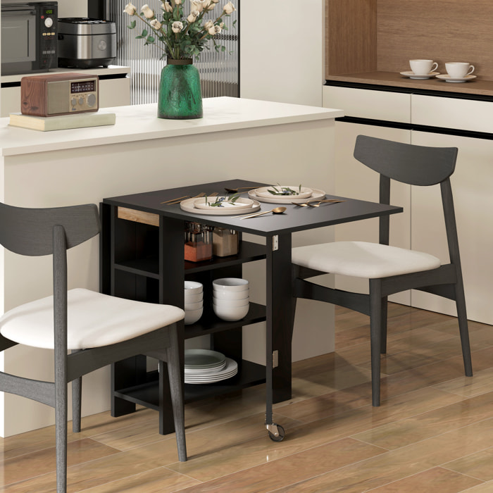 Table à manger pliable - roulettes, 2 abattants, 3 étagères - dim. 120L x 60l x 75H cm - noir