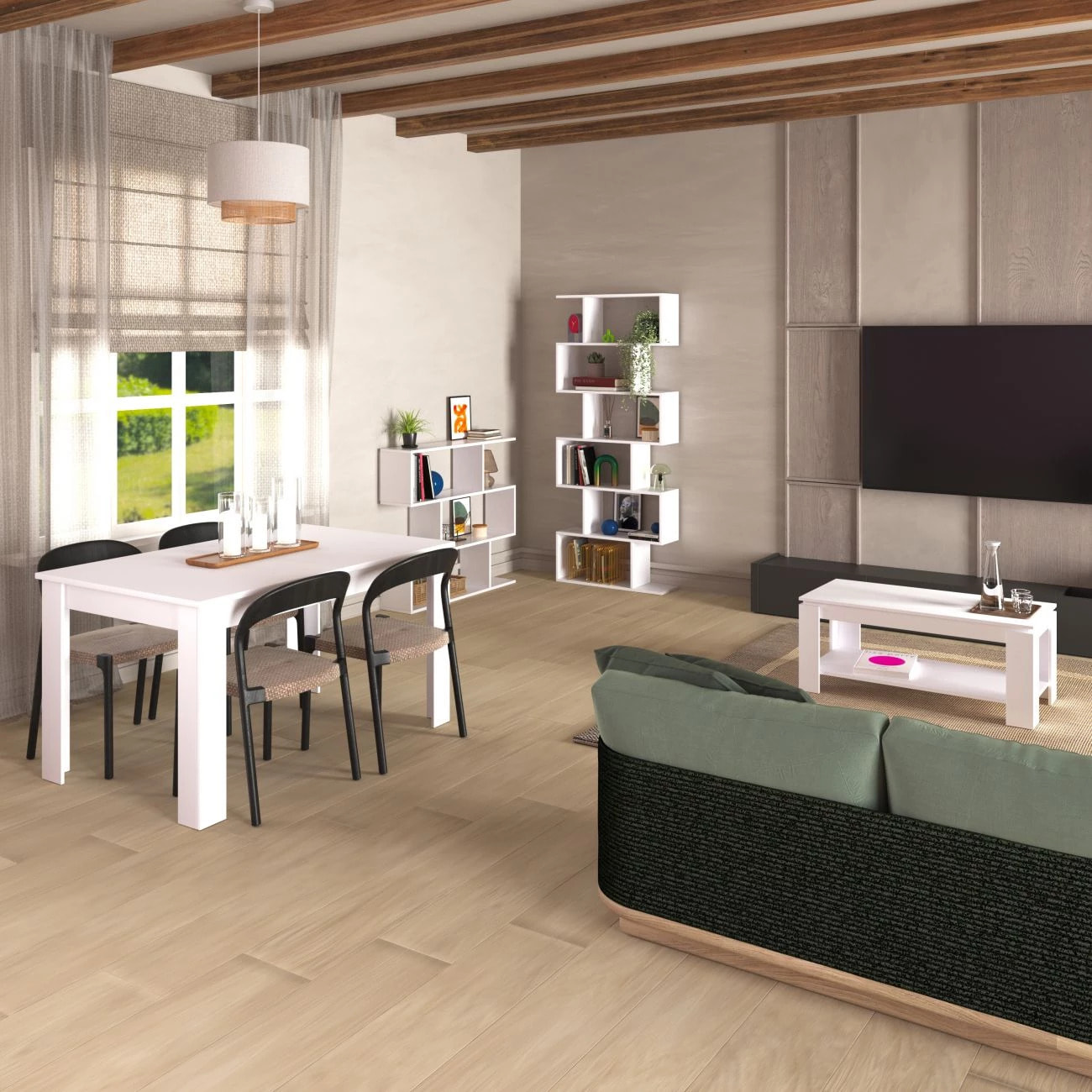 Pack mesa de comedor 140 y mesa de centro Lya Blanco Artik (Blanco Mate)