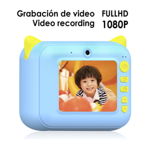 Cámara digital de fotos 12mpx y video FullHD para niños. Impresión instantánea de tus fotos preferidas. Doble cámara, para selfies.