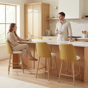 Juego de 2 Taburetes de Bar, Taburetes Altos de Cocina con Respaldo y Reposapiés, Tapizados de Lino y PU, Marco de Acero, Asiento de 65 cm de Altura, para Mostrador, Comedor, Marrón