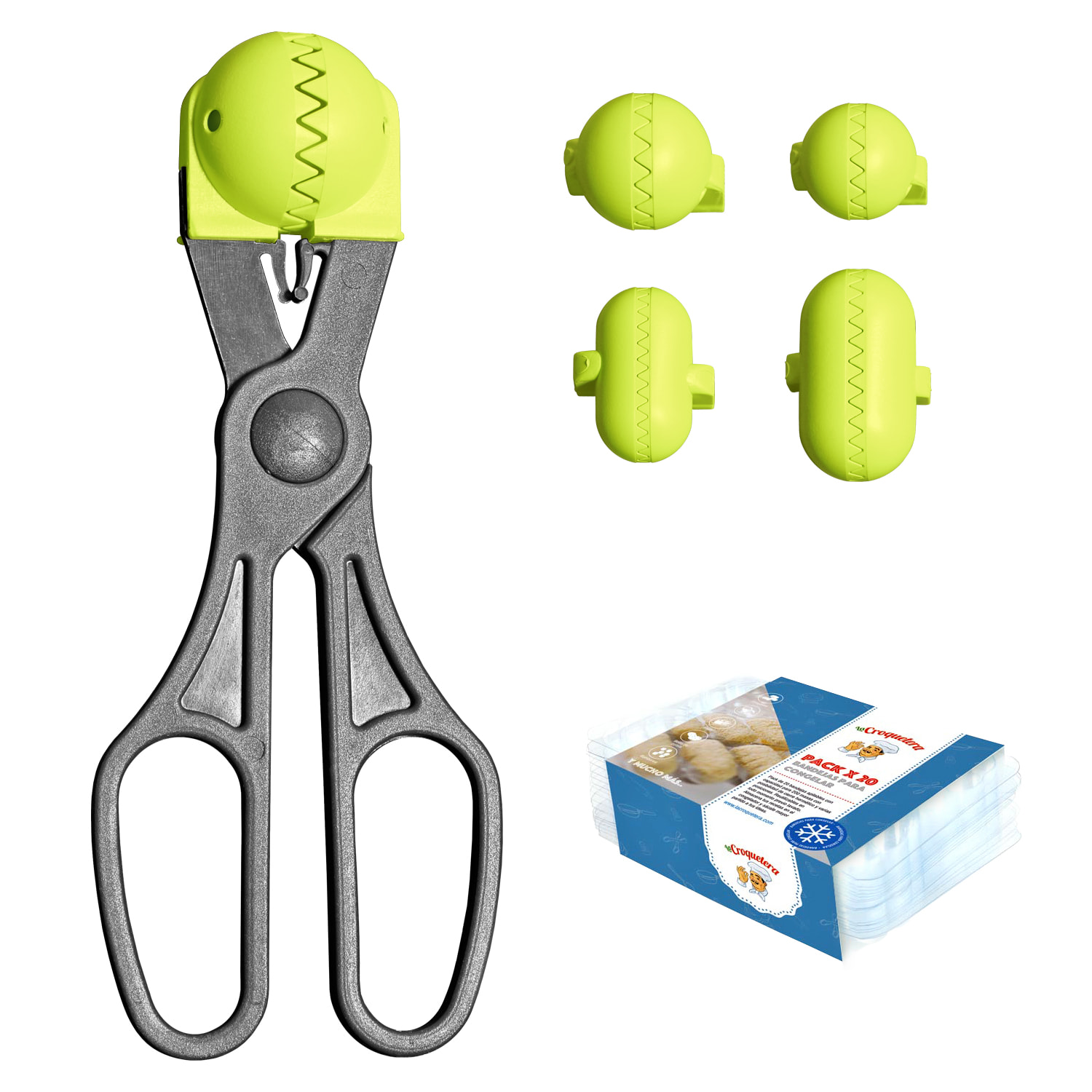 Pack utensilio multiusos con 4 moldes intercambiables color pistacho + 20 bandejas de conservación - La croquetera: patentado y fabricado en España