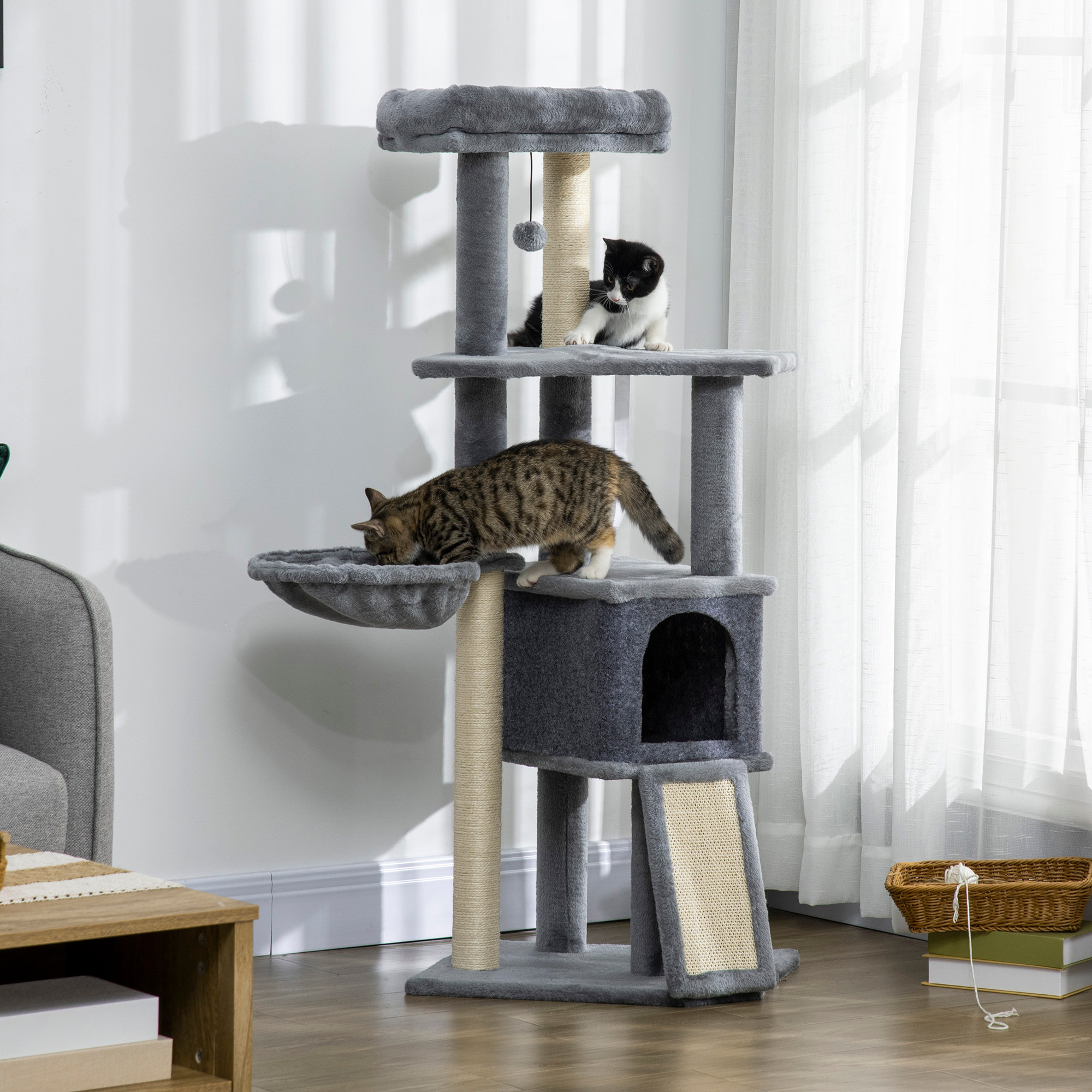 Árbol Rascador para Gatos, Árbol para Gatos 127 cm, Torre Escalador con Cueva, Hamaca, Cama, Plataformas, Rampa de Sisal, Bola Colgante, Gris