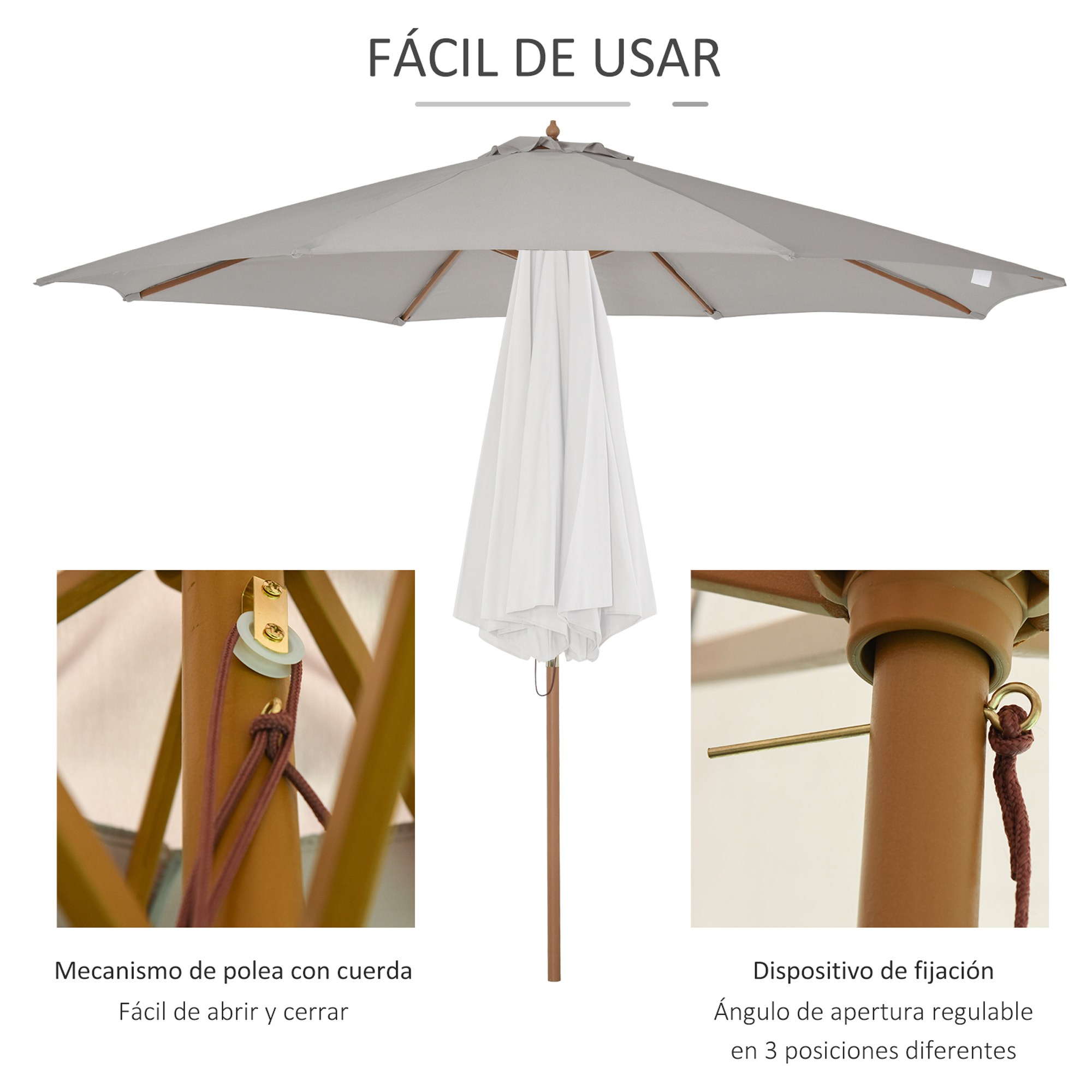 Sombrilla Parasol de Jardín Ø300x250cm con Techo Ventilado y Poste Madera Gris