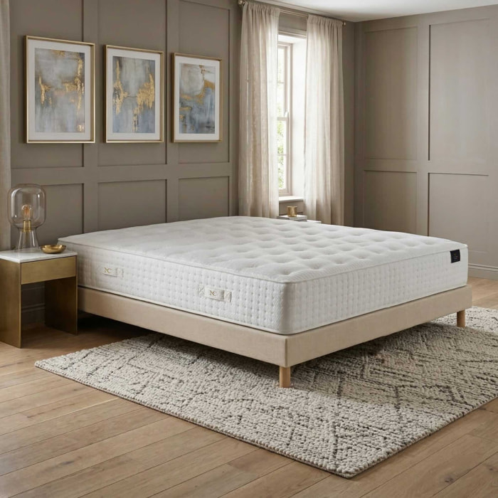 Ensemble matelas mousse haute résilience CALLISTO, H29 cm, accueil mémoire de forme, sommier beige