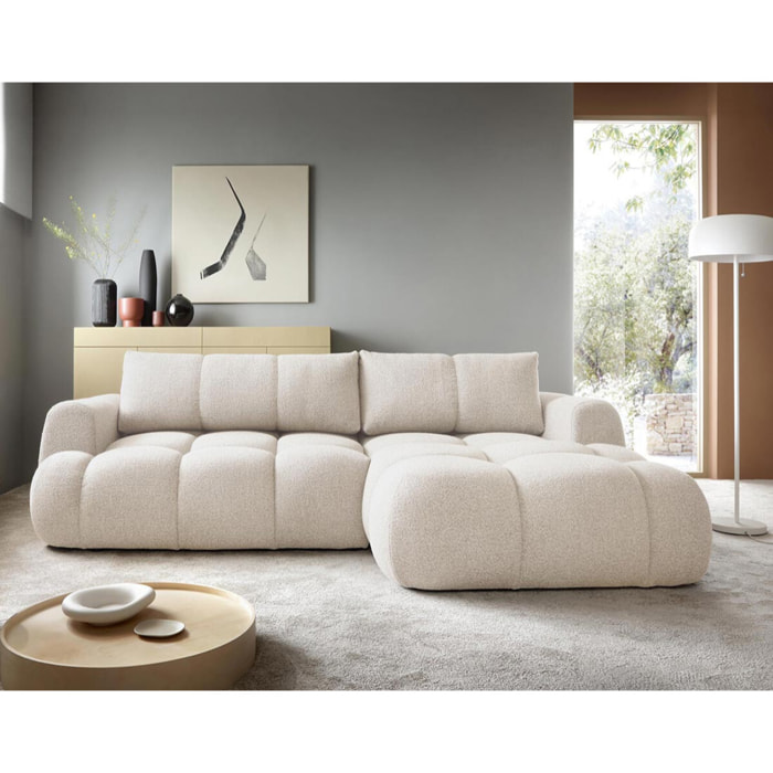 Yulin - Canapé d'angle droit 4 places convertible avec coffre en tissu bouclette - Beige