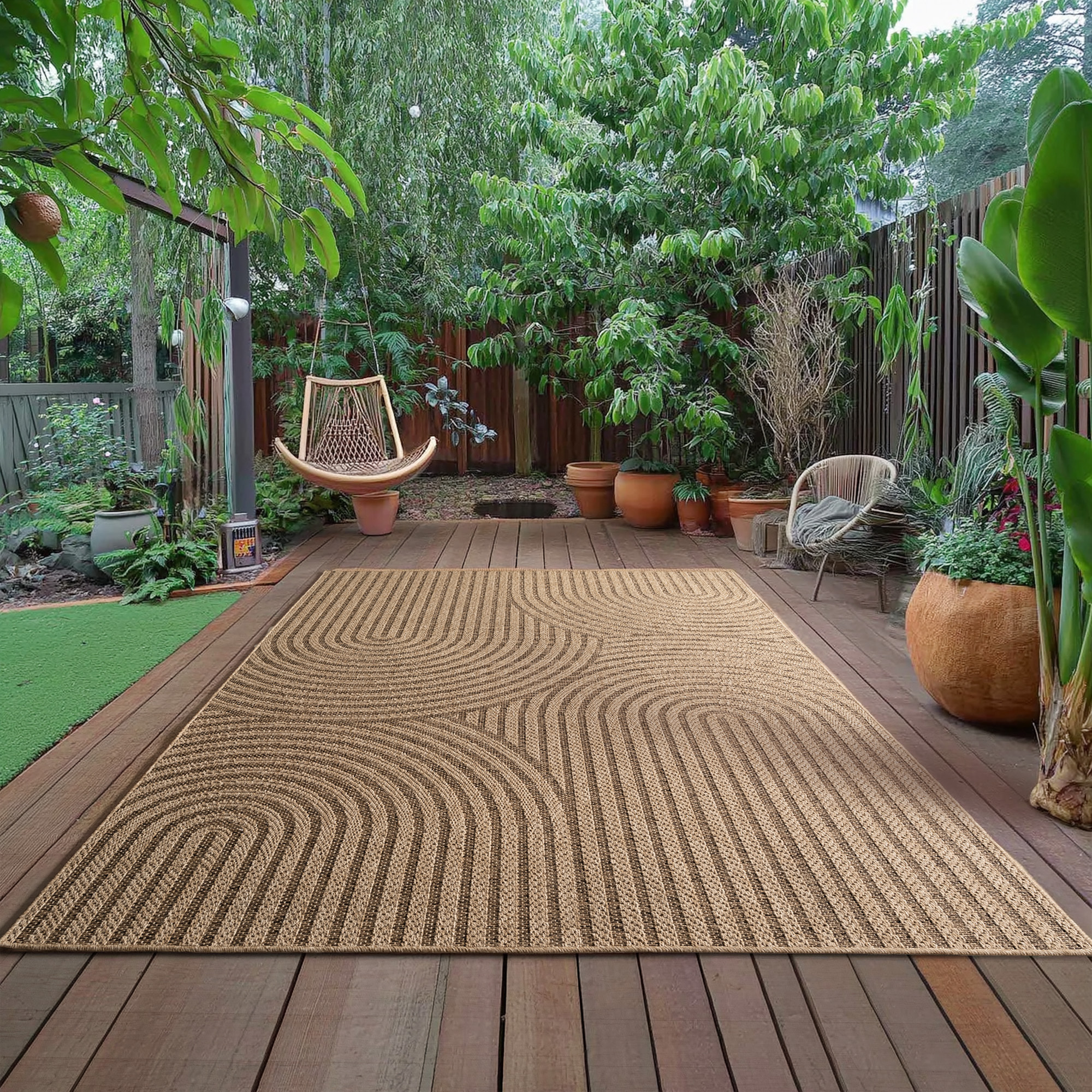 LINORA - Tapis intérieur/extérieur beige à motif géométrique naturel