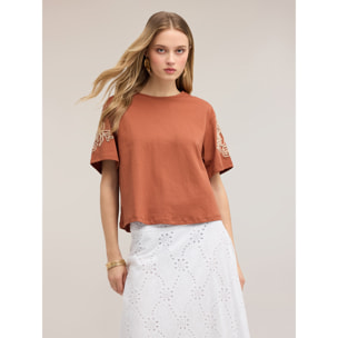 Motivi - T-shirt in jersey con ricami floreali - Marrone