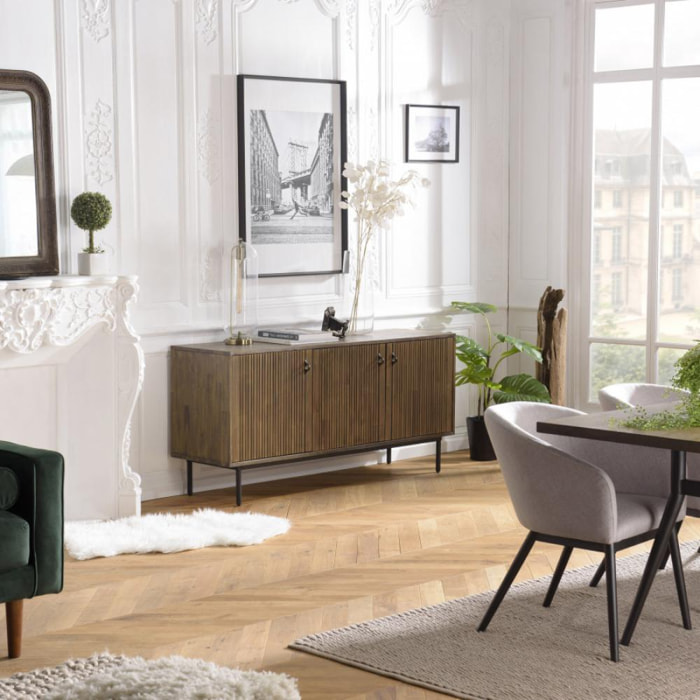 ERNESTO - Buffet marron 3 portes Acacia pieds métal noir