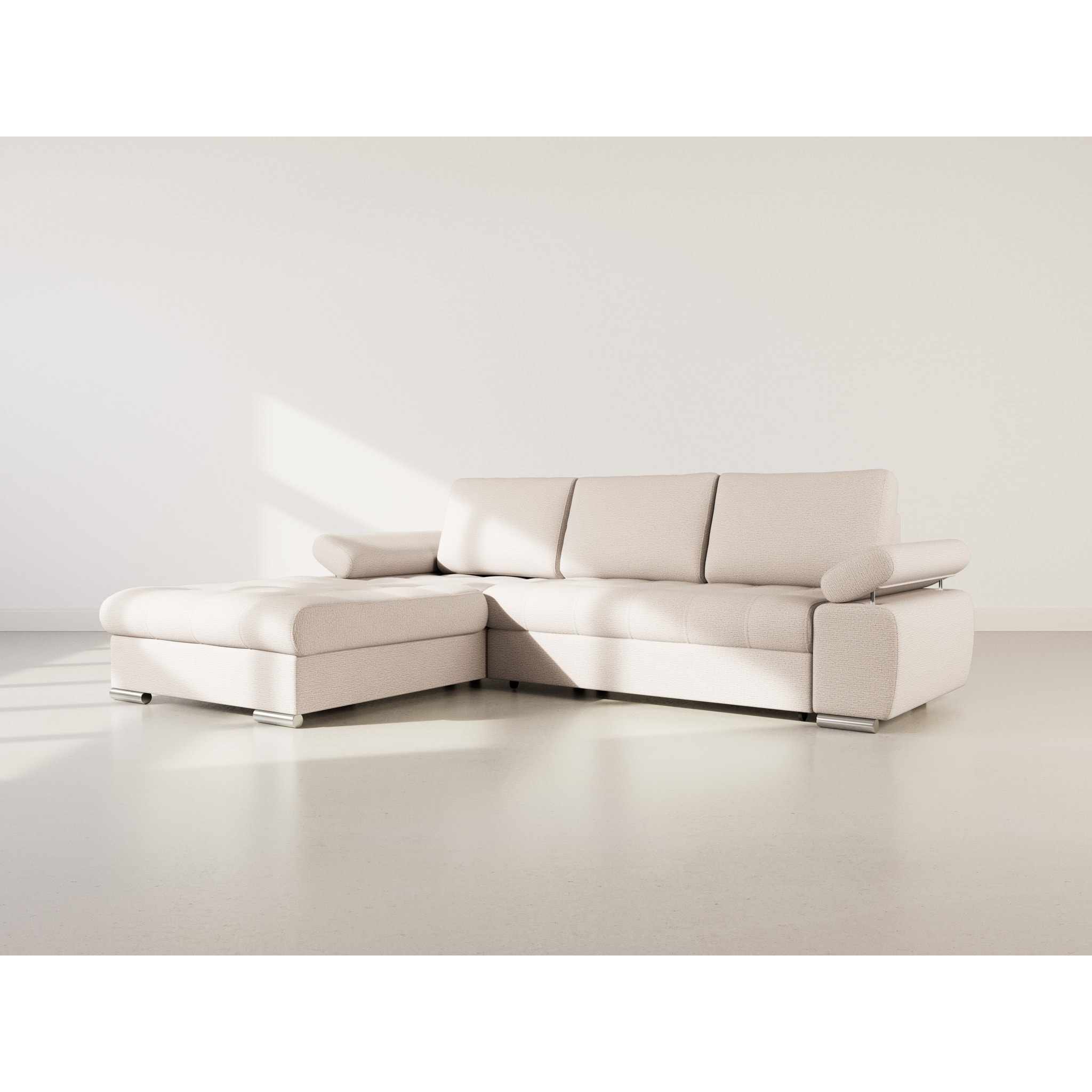 Bianca - Canapé d'angle gauche 4 places convertible avec coffre en tissu texturé - Beige