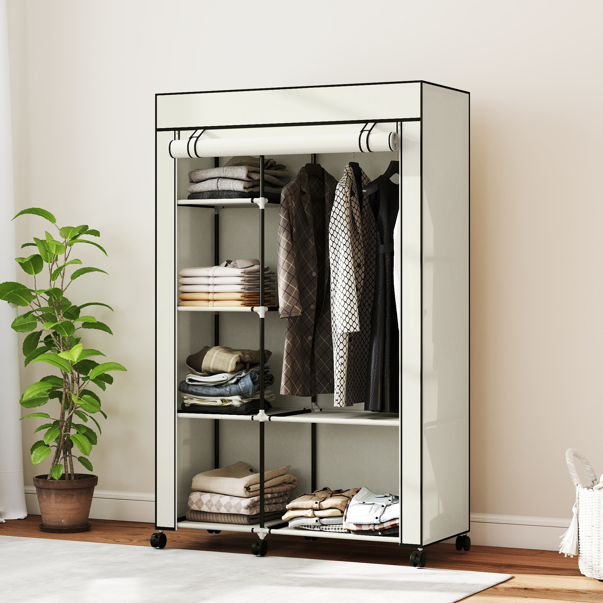 Armoire penderie multi-rangement - 6 étagères, 1 barre - dim. 103L x 43l x 162,5H cm - acier noir non tissé crème
