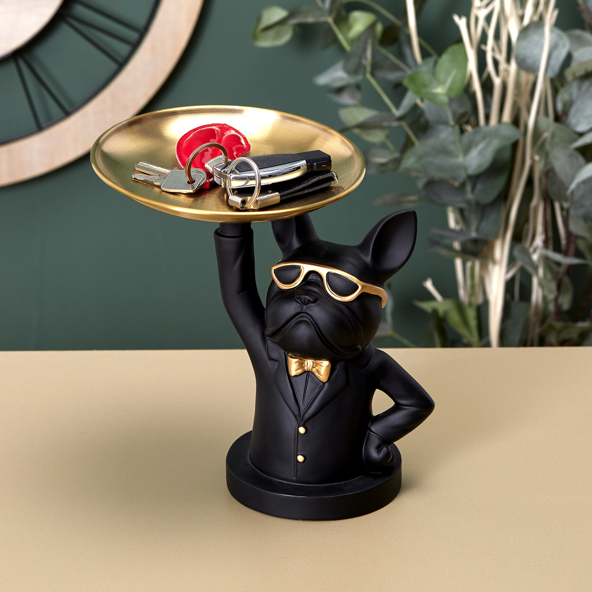 Sculpture Deco Bulldog Noir Vide Poche 23cm