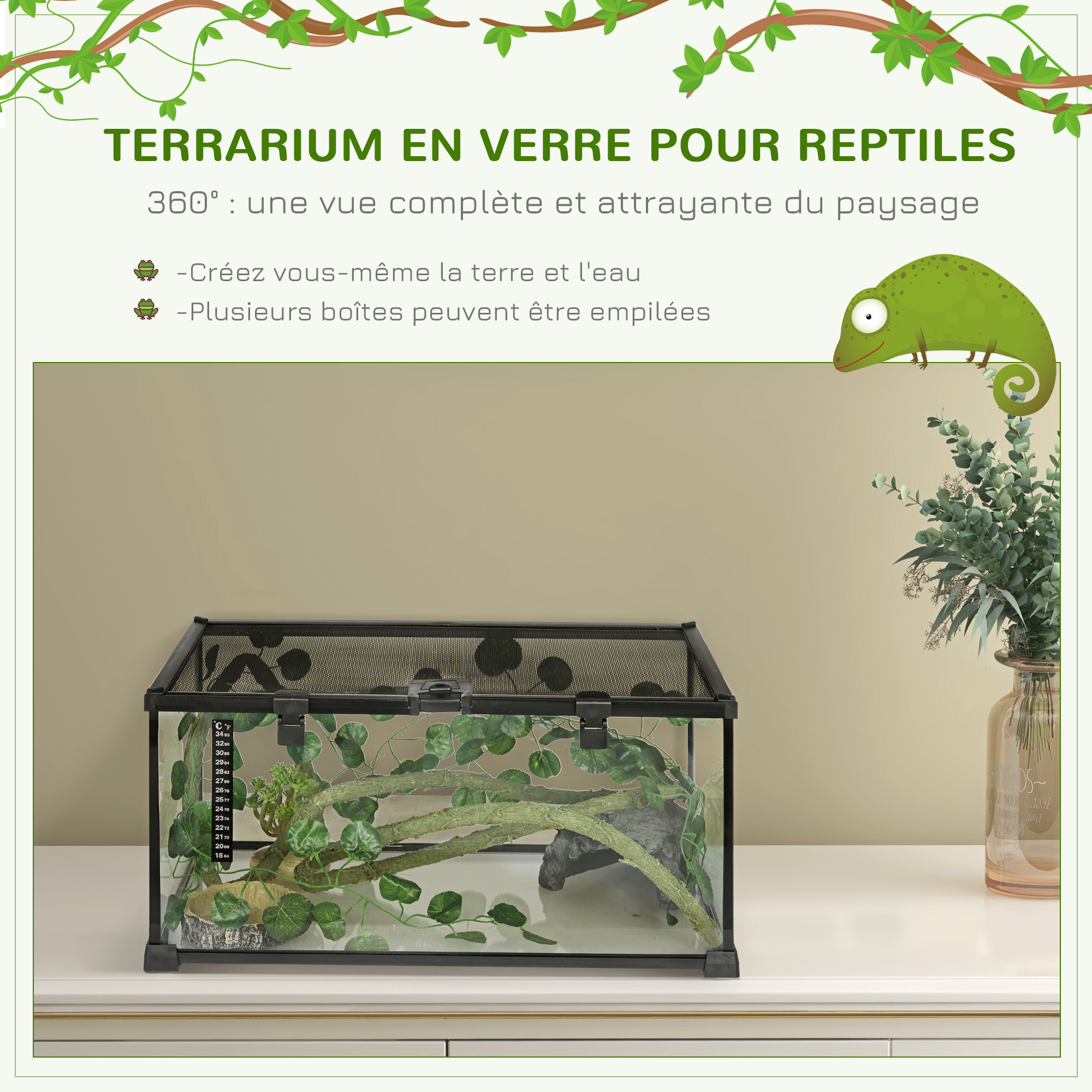 Terrarium verre transparent - couvercle treillis métallique coulissant verrouillable, trappe, distributeur eau, thermomètre - noir