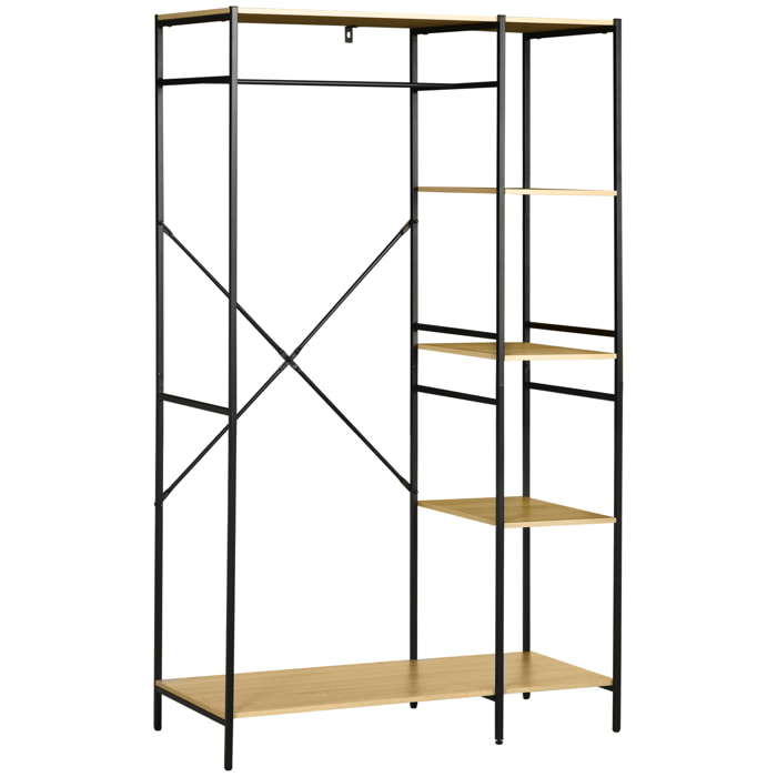 Penderie portant à vêtements style industriel en métal avec tringle et 4 étagères - dim. 100L x 46L x 170,5H cm - métal aspect chêne clair