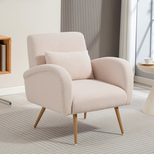 Fauteuil lounge style nordique bouclette piètement effilé incliné métal effet bois