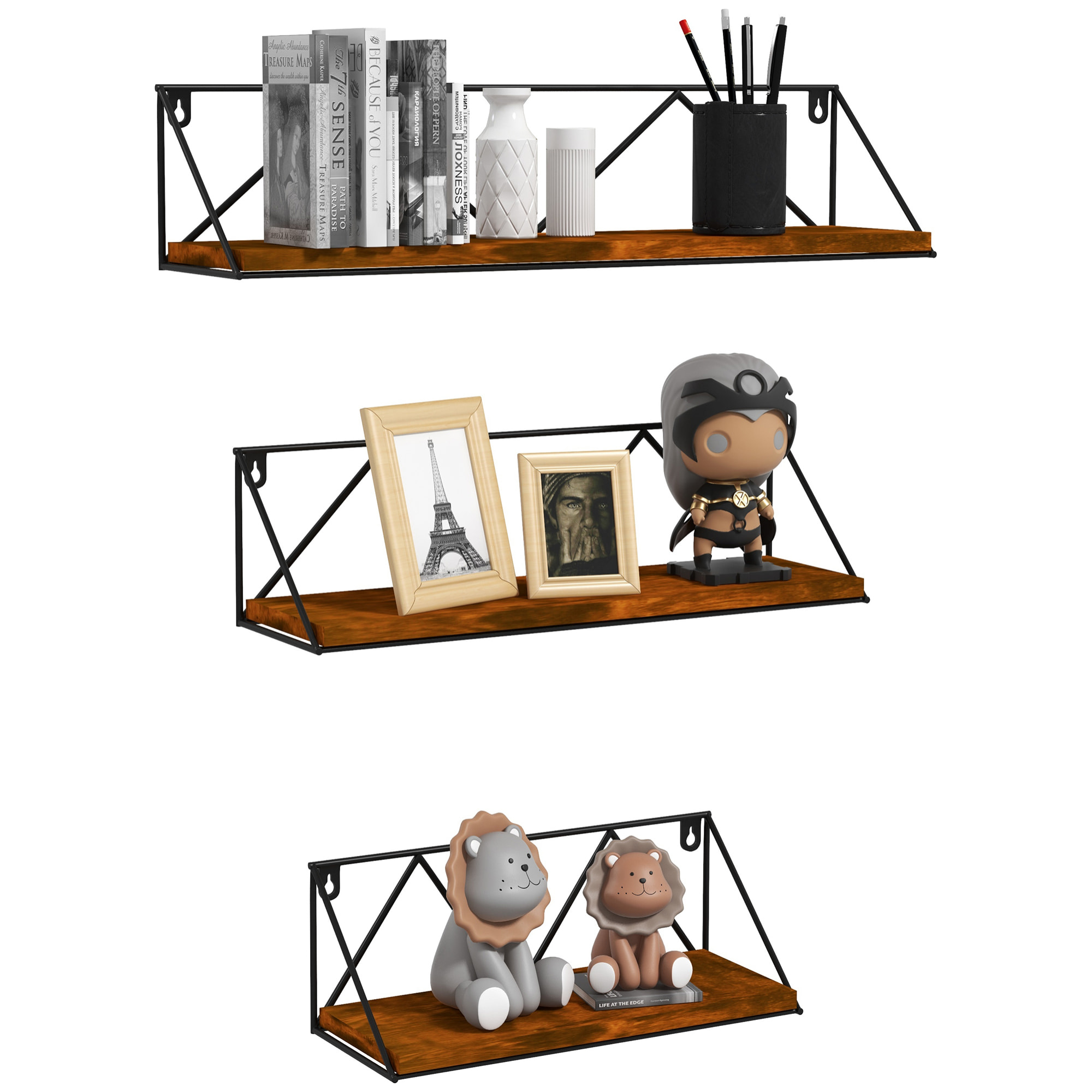 Juego de 3 Estantes Flotantes Industrial Baldas de Pared Estanterías Colgantes para Salón Dormitorio Pasillo Cocina 30x12x12 cm 40x12x12 cm 50x12x12 cm Marrón Rústico y Negro