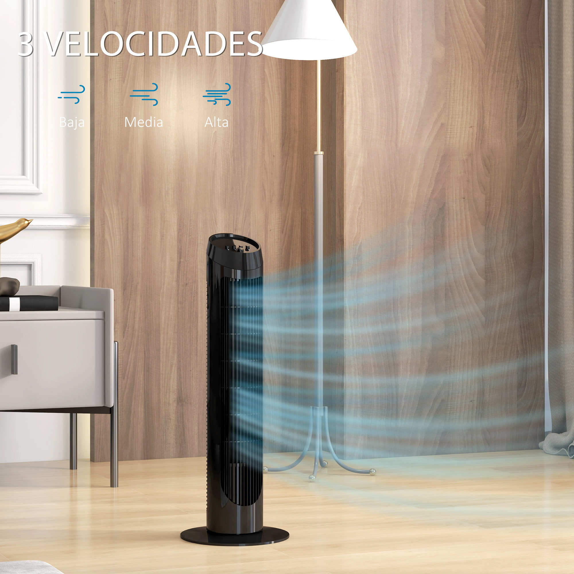 Ventilador de Torre 45W Ventilador Vertical Silencioso con 3 Velocidades Oscilación 70° para Salón Dormitorio Oficina Ø27x75 cm Negro