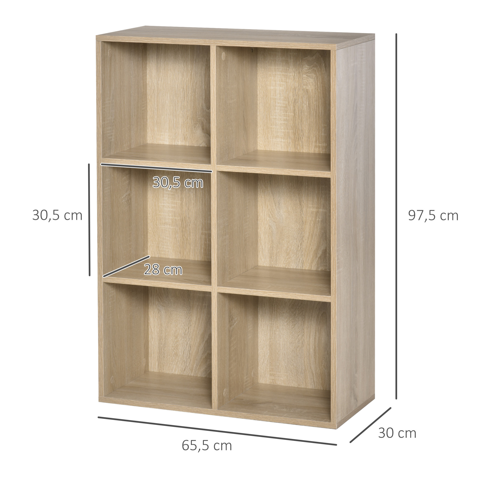 Estantería para Libros Estantes de Madera de 3 Niveles con 6 Cubos de Almacenaje para Sala de Estar Dormitorio Oficina 65,5x30x97,5 cm Roble