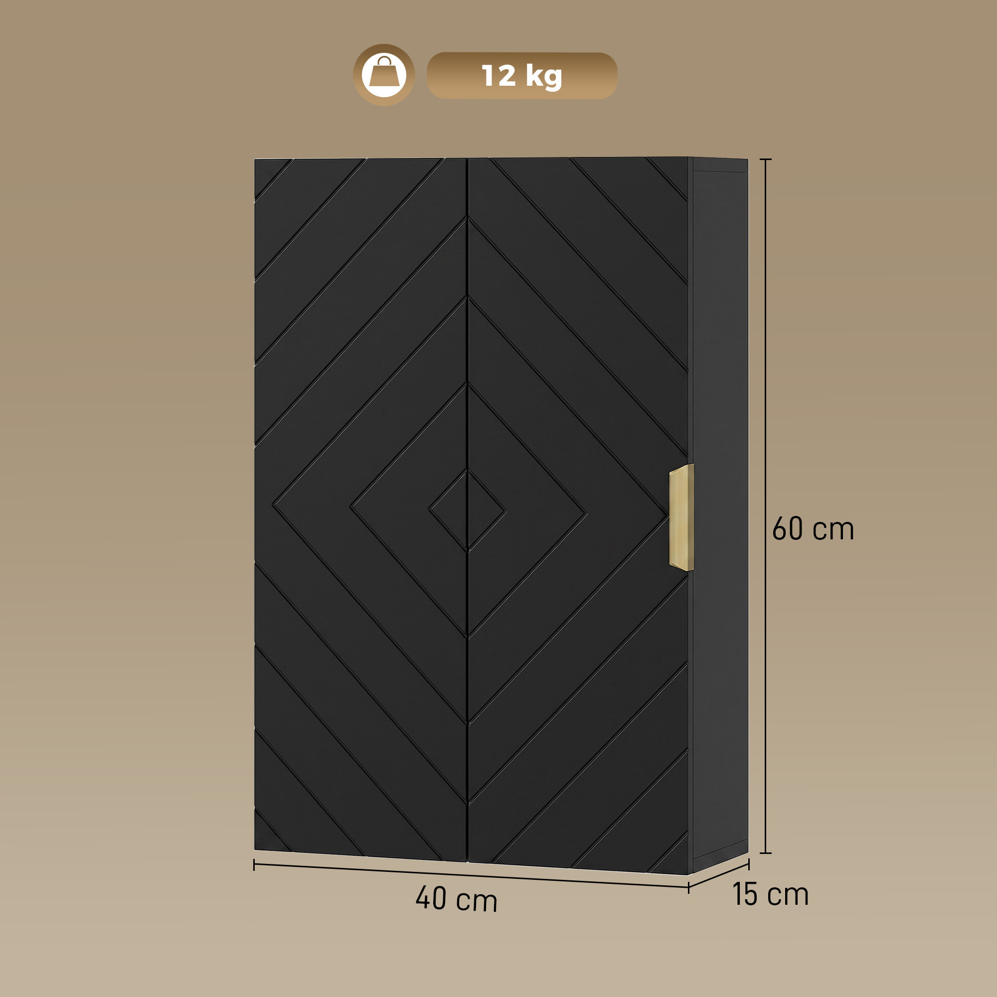 Armoire murale de salle de bain - porte, 2 étagères - poignée métal doré MDF noir