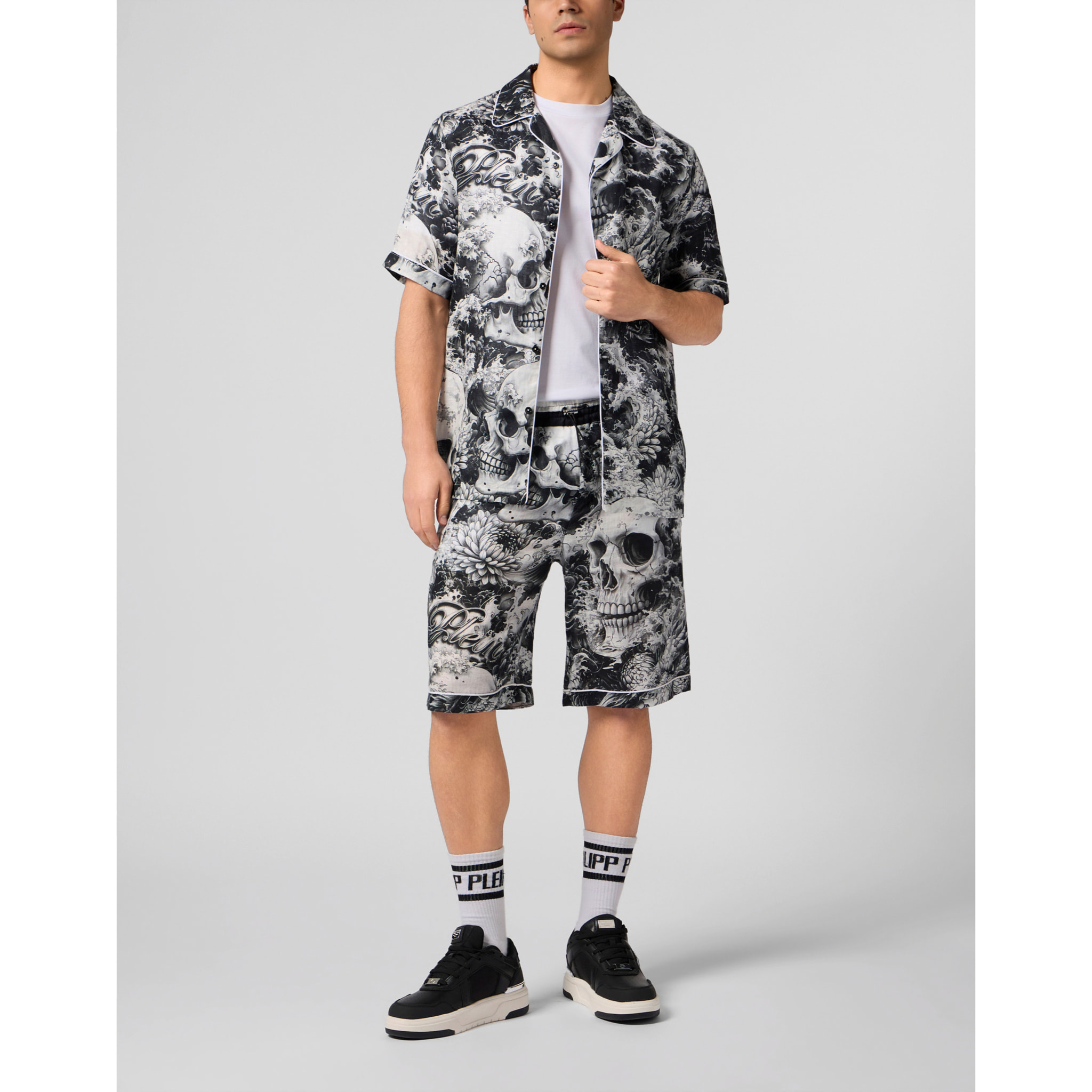 PHILIPP PLEIN Linen Bowling Shorts All-Over Ceramic