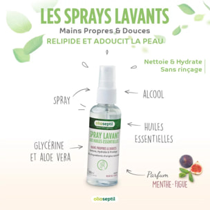 OLIOSEPTIL - Spray Lavant aux Huiles Essentielles - Mains propres et douces - 98% d'ingrédients d'origine naturelle - Nettoie, hydrate & protège - Sans rinçage - Parfum Menthe-Figue - Spray 50 ml