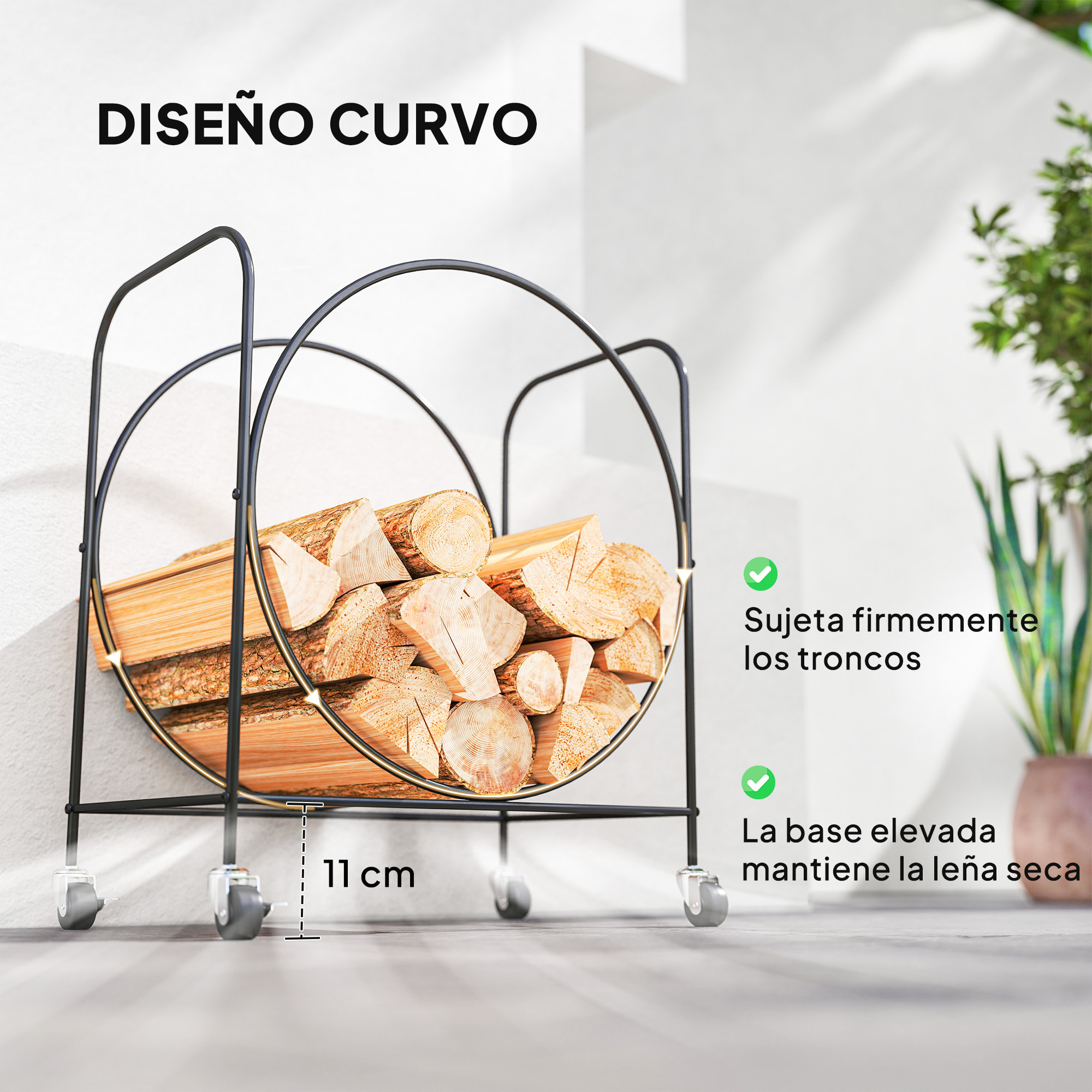 Estante de Leña de Metal con Ruedas, 51x30x60 cm, Leñero Exterior e Interior, Soporte para Leña de Chimenea, Almacenamiento para Madera, Negro