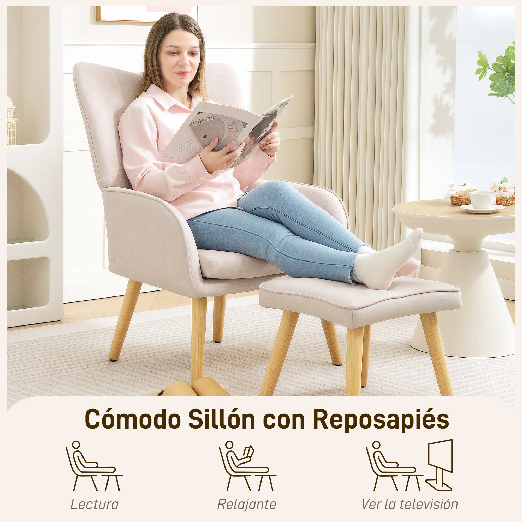 Sillón con Reposapiés Sillón Lectura con Respaldo Alto Capitoné Patas de Madera y Tapizado en Lino Butaca para Salón Dormitorio Oficina Beige