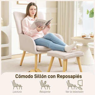 Sillón con Reposapiés Sillón Lectura con Respaldo Alto Capitoné Patas de Madera y Tapizado en Lino Butaca para Salón Dormitorio Oficina Beige