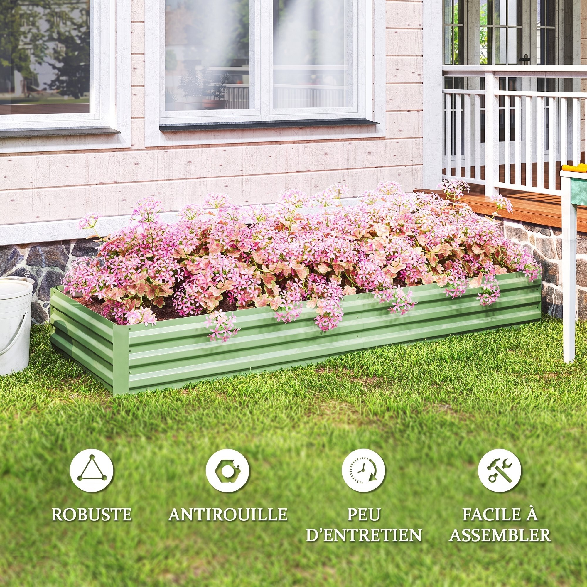 Carré potager de jardin dim. 241L x 90l x 30H cm tôle d'acier ondulée vert clair