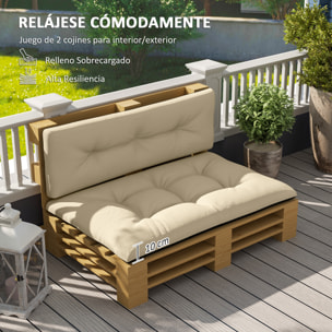 Conjunto de 2 Cojines para Palets con Tela Resistente Impermeable Anti-UV Cojines Exterior para Jardín Terraza Interior Asiento 120x77 cm Respaldo 120x40 cm Beige