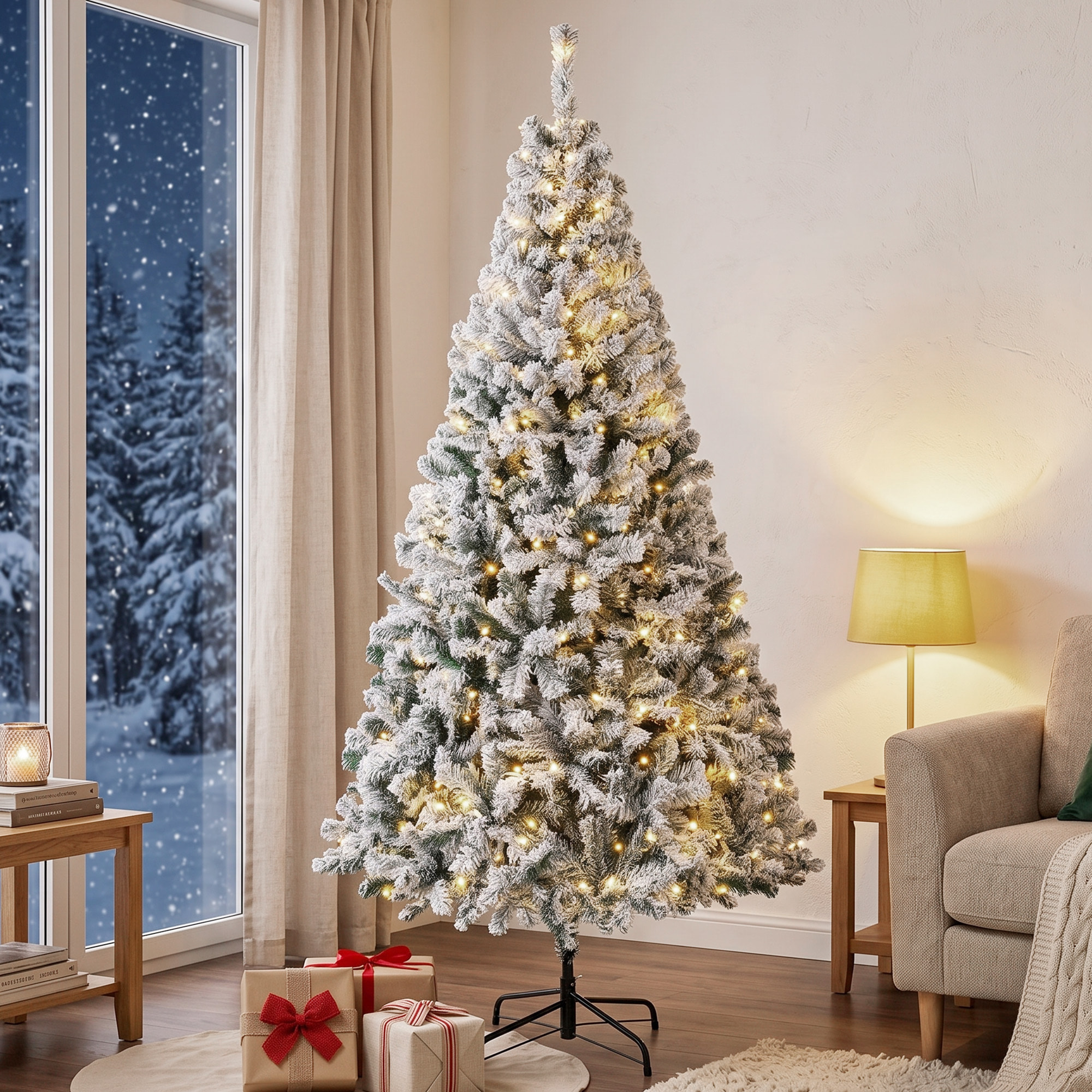 HOMCOM Árbol de Navidad con 240 Luces LED Blanco Cálido, 200 cm, Árbol de Navidad de Abeto Nevado, 850 Ramas Ignífugas Abatibles, Base Metálica Plegable, Verde y Blanco