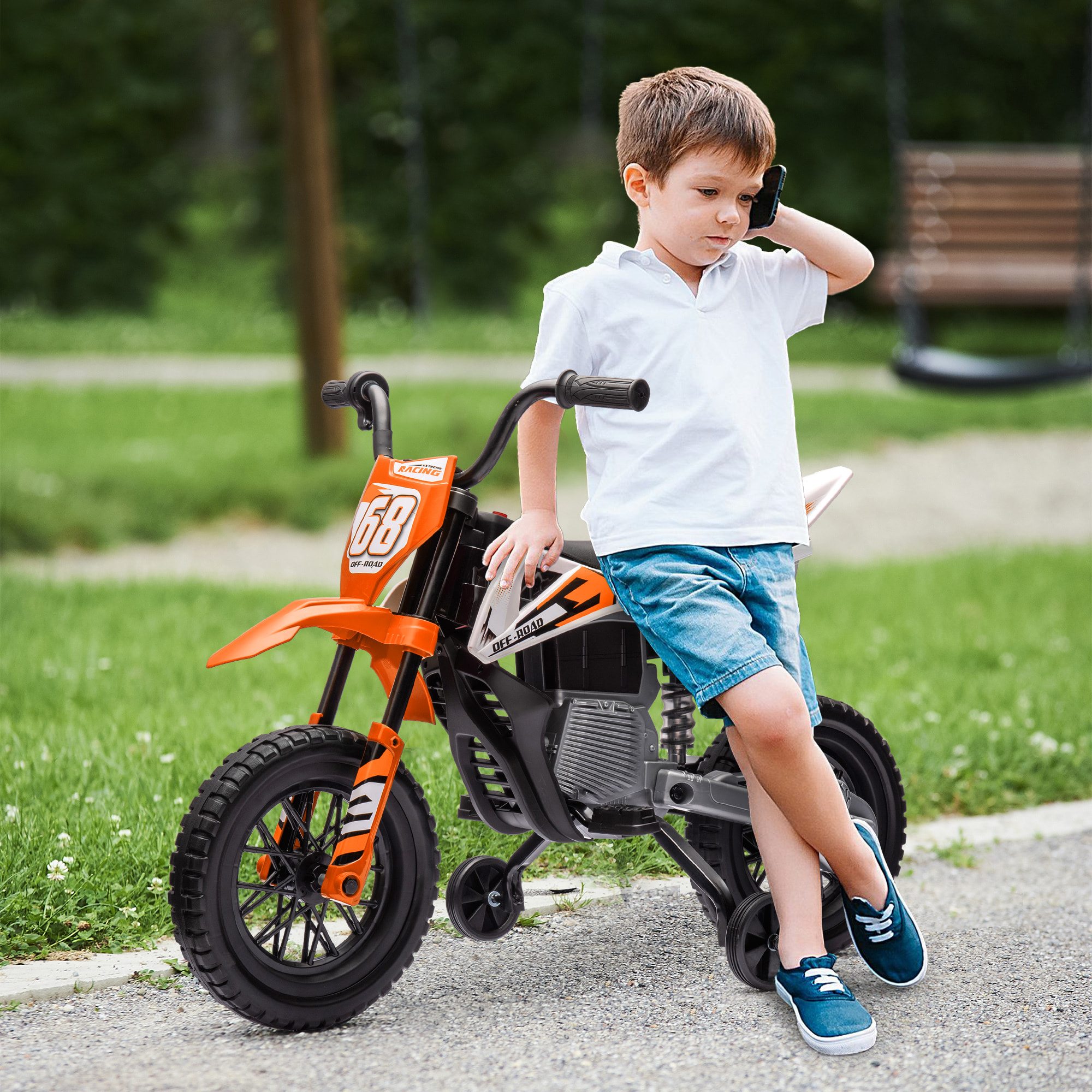 Moto cross électrique dirt bike enfant 12V 2 moteurs 2 vitesses 2,4-5 Km/h musiques orange