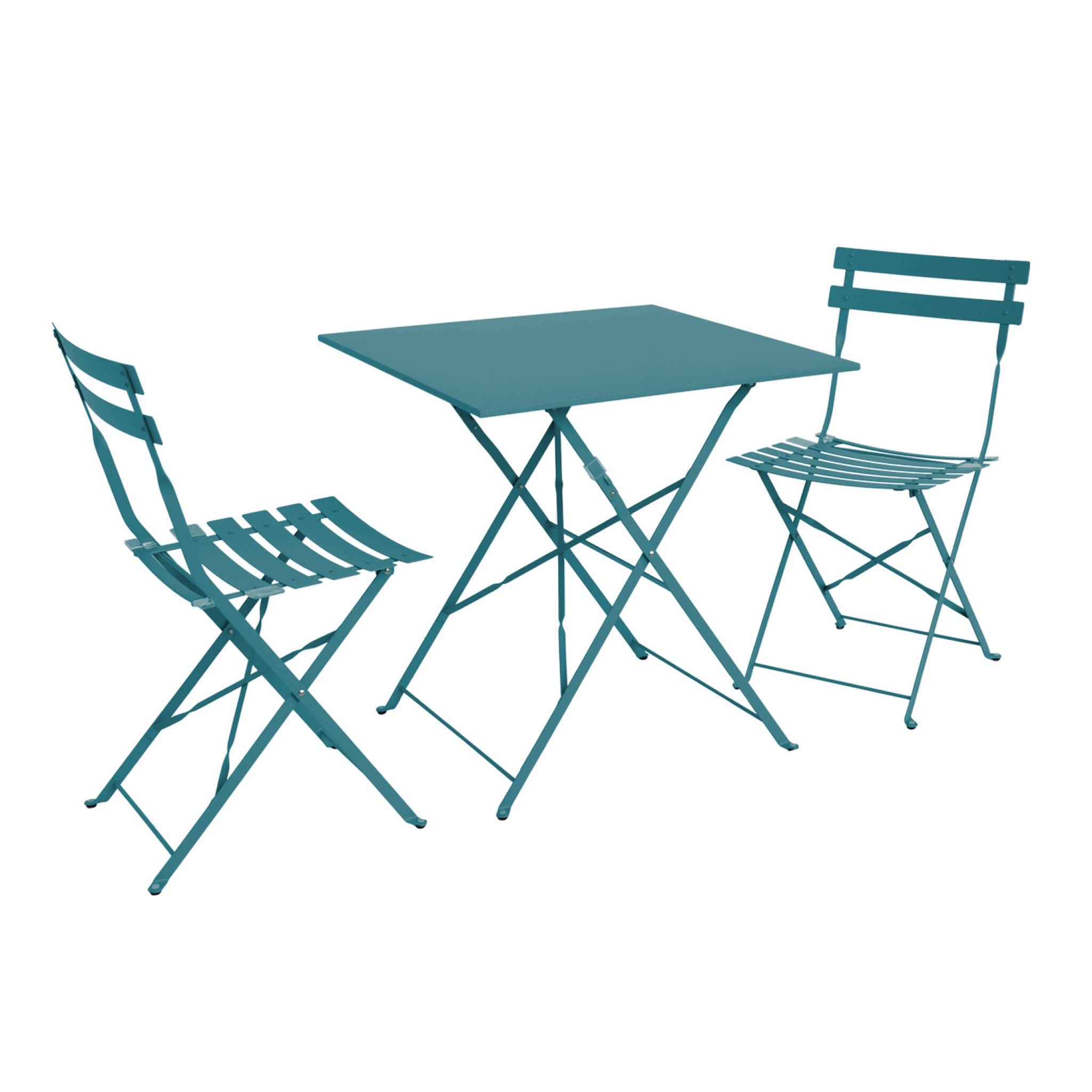 Table de jardin bistrot pliante métal + 2 assises bleu canard 70 x 70cm. acier thermolaqué